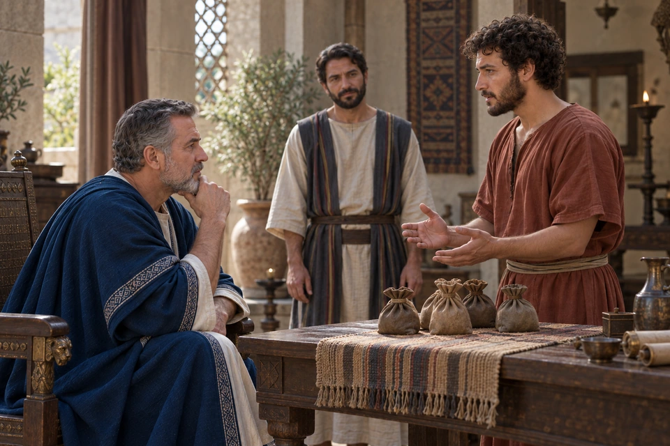 The rust-clothed servant speaks with open hands before the seated blue-robed nobleman, with several tied bags on the table and another servant standing behind.