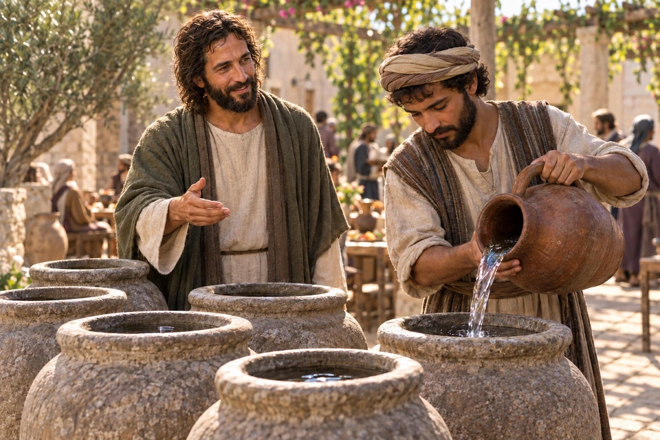 Jesus watches a servant pour water from a clay pitcher into one of six large stone jars.