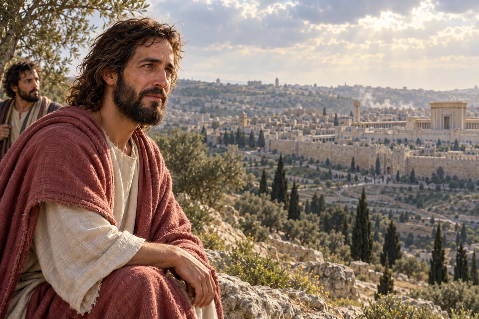 Jesus looks toward Jerusalem with tearful eyes while a disciple stands quietly behind Him.