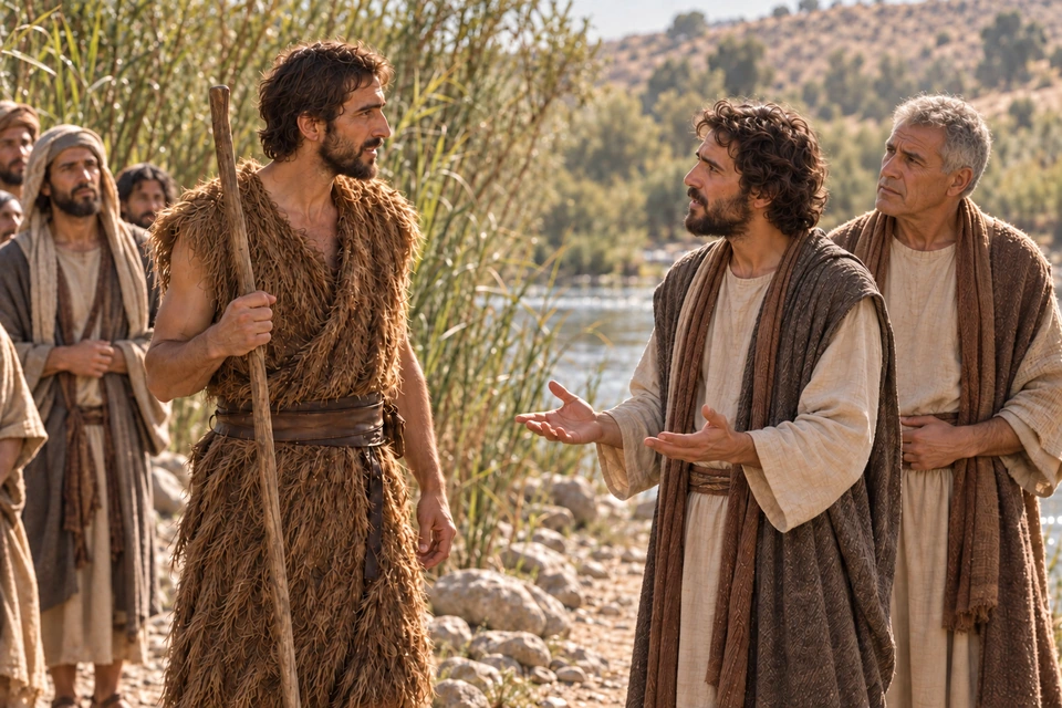 John the Baptist listens to a man speaking with open hands beside a river, while an older man waits behind him.