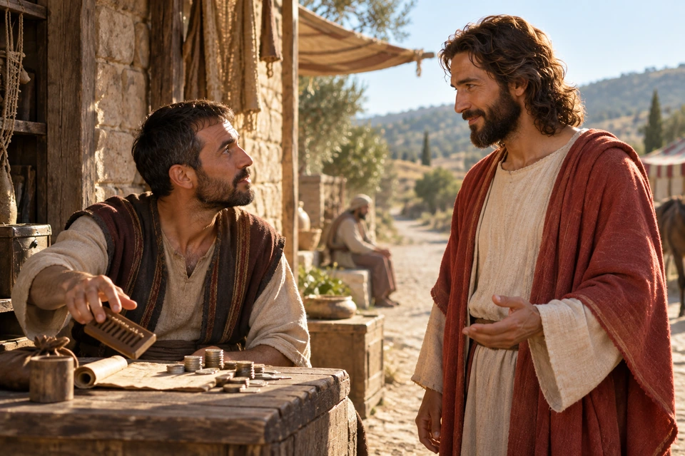 Levi looks up from a customs counter toward Jesus, who faces him with an open hand.