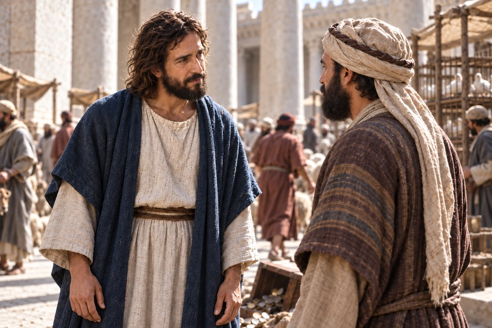 Jesus faces a man in the temple court, with scattered coins, animals and other people behind them.