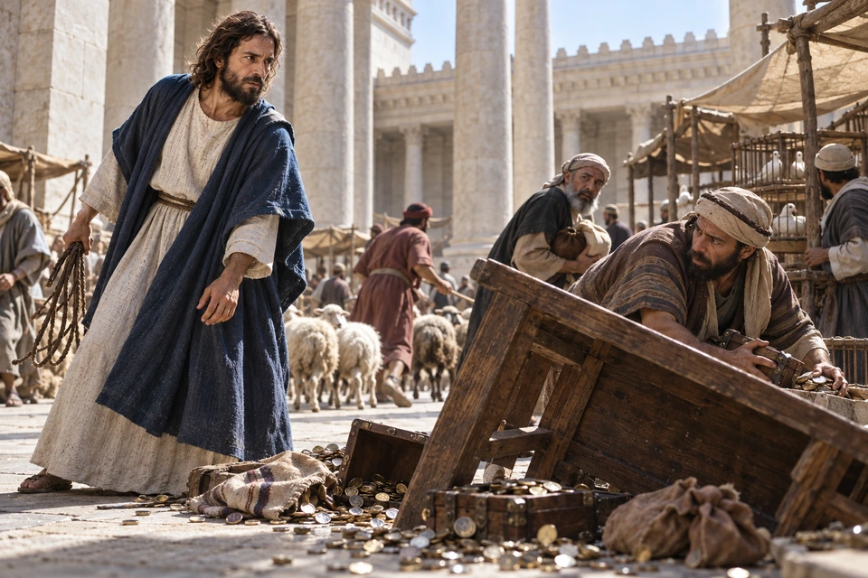 Jesus stands beside an overturned table and scattered coins while sellers gather their belongings in the temple court.