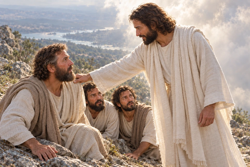 Jesus touches Peter's shoulder as Peter, James and John look up from the rocky mountainside.