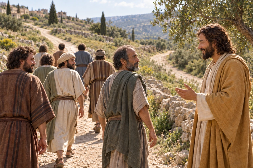 Jesus addresses departing disciples on a rural road as an older man looks back toward Him.