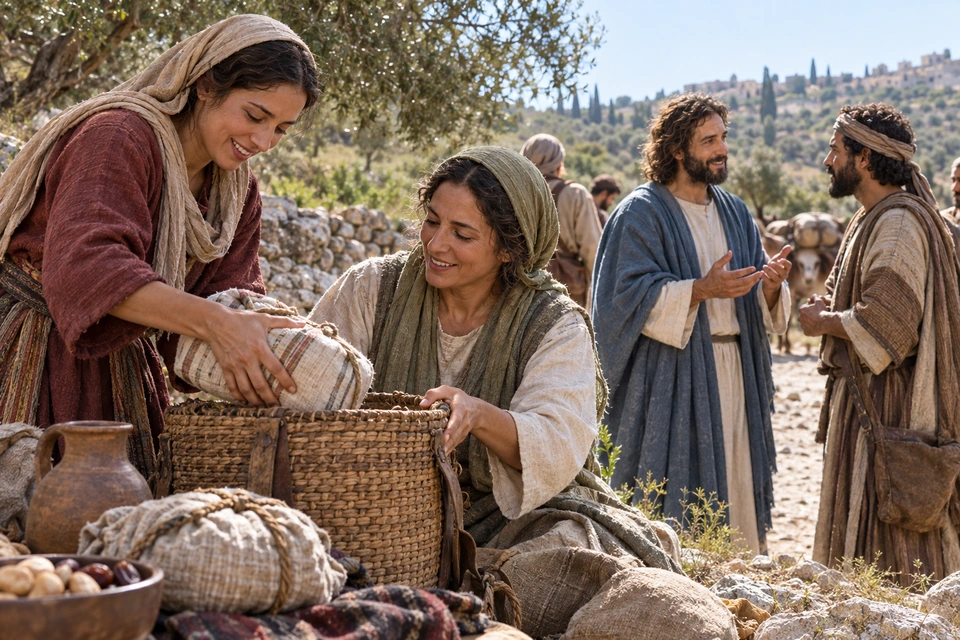 Two women pack a cloth-wrapped provision into a woven basket while Jesus speaks with a disciple nearby.