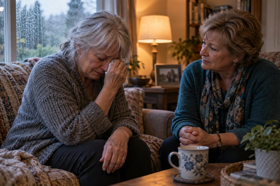 One woman wipes away tears while another sits nearby and listens.