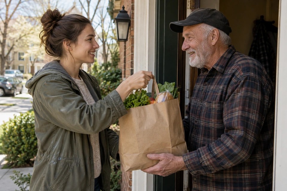 A woman offers a grocery bag to an older man at his doorway.