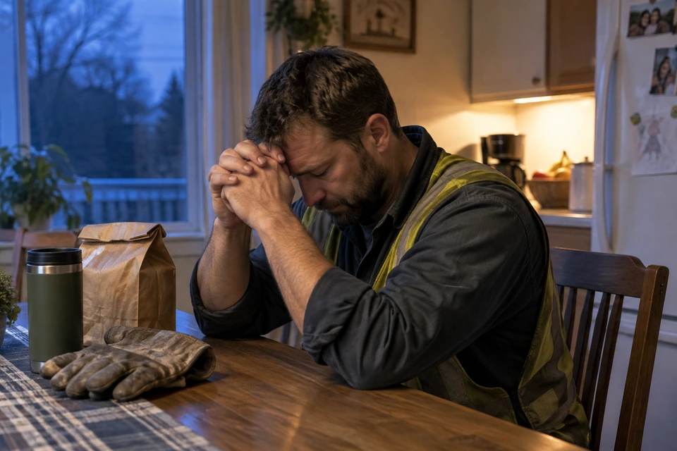 A man in work clothes bows his head and clasps his hands at a kitchen table before dawn.