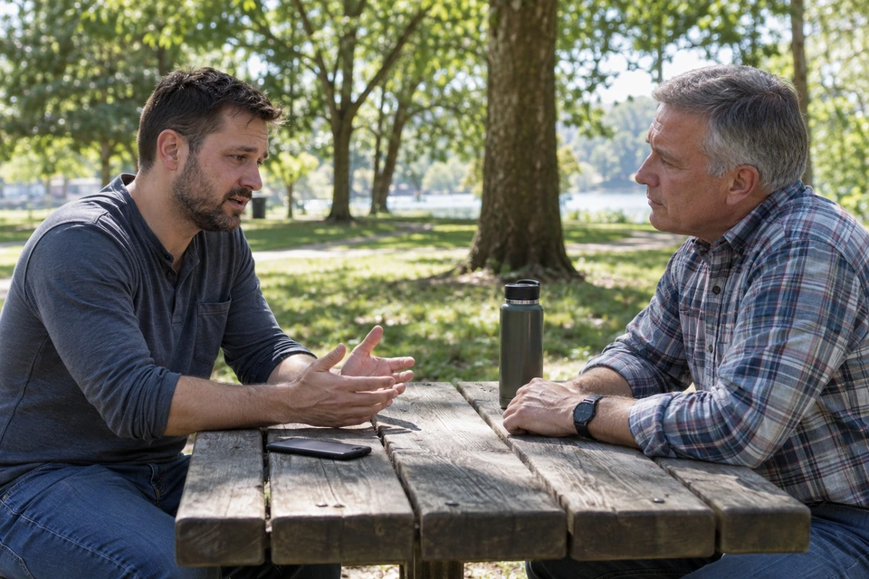 Two men sit facing one another across a picnic table, one speaking and the other listening.