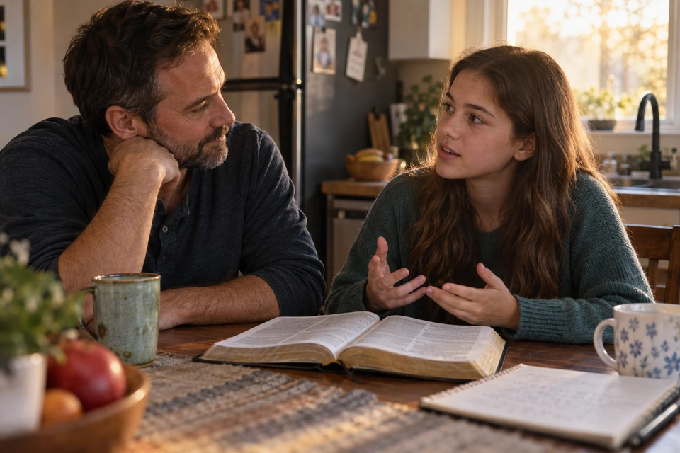 An adult listens as a teenage girl speaks beside an open Bible at the kitchen table.