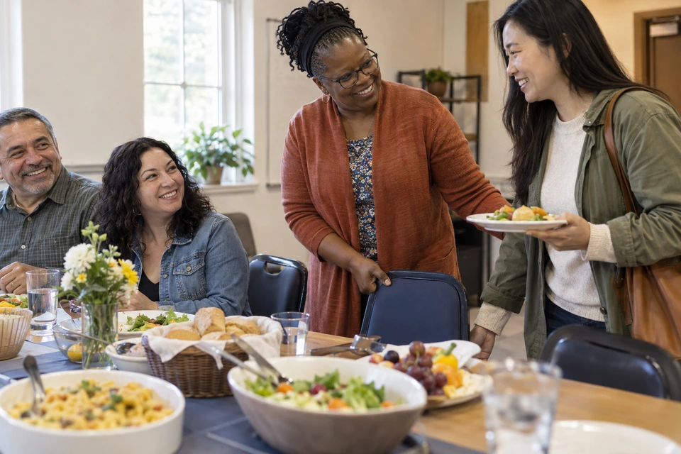 A woman pulls out a chair for a guest carrying a plate at a community meal.