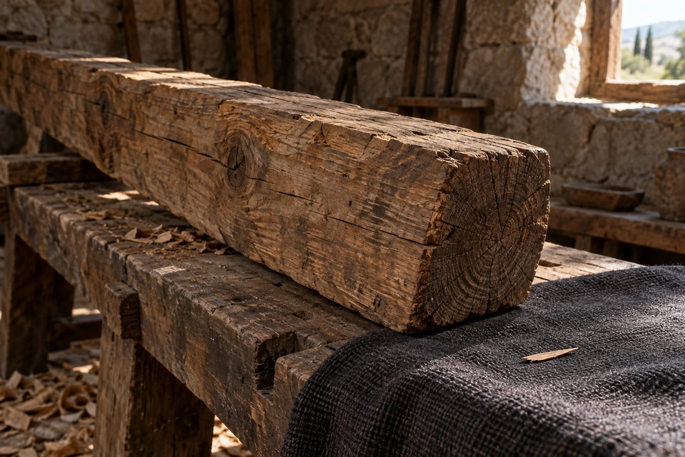 A large rough wooden beam rests on a workshop bench beside a tiny wood splinter displayed on dark cloth.