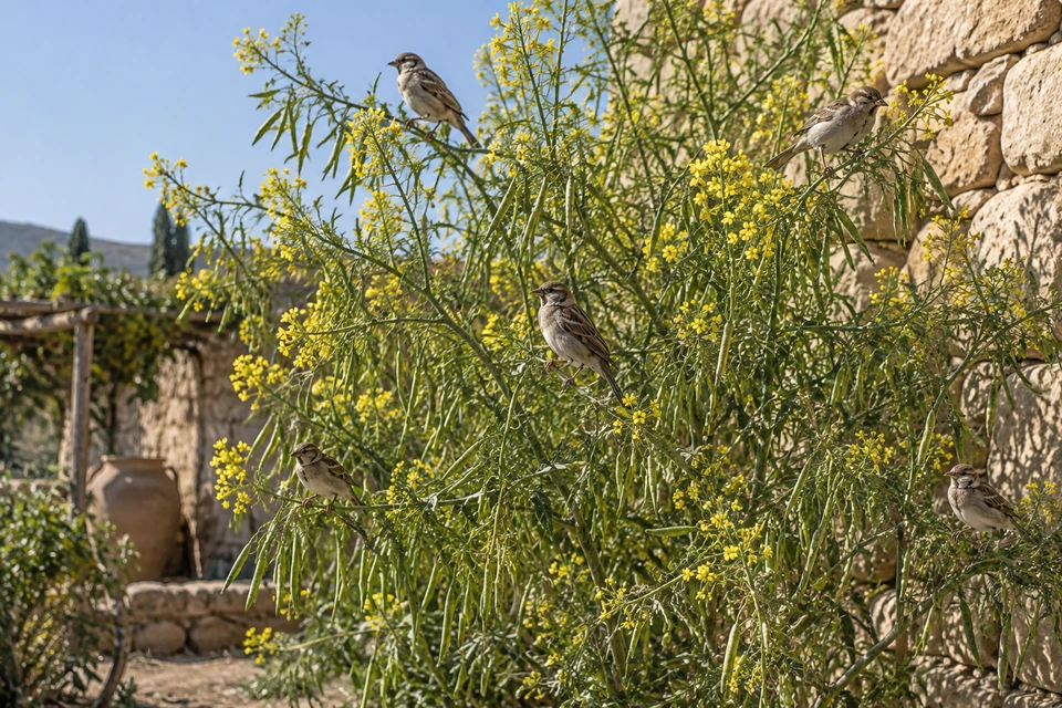 Several small birds perch among the branches of a tall yellow-flowering plant.