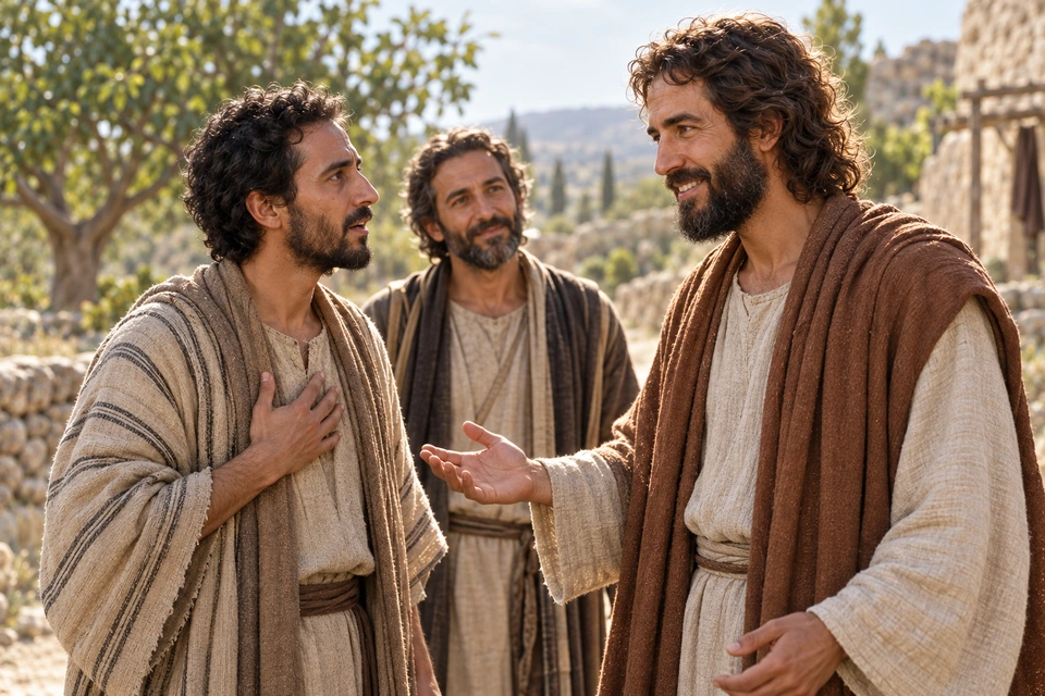 Jesus speaks with Nathanael while Philip stands nearby.