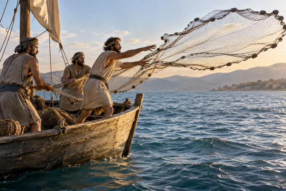 Three fishermen work from a wooden boat as one casts a wide net over the water.