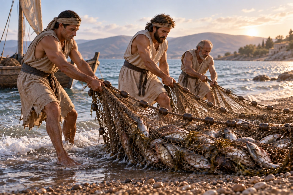Three distinct fishermen pull a net full of fish through shallow water toward the shore.