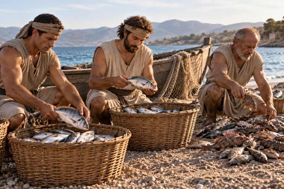 Three fishermen sort fish beside baskets on the shore, with a wooden boat behind them.
