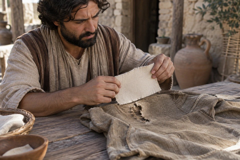 A man holds a pale piece of woven cloth above a hole in a worn garment on a table.