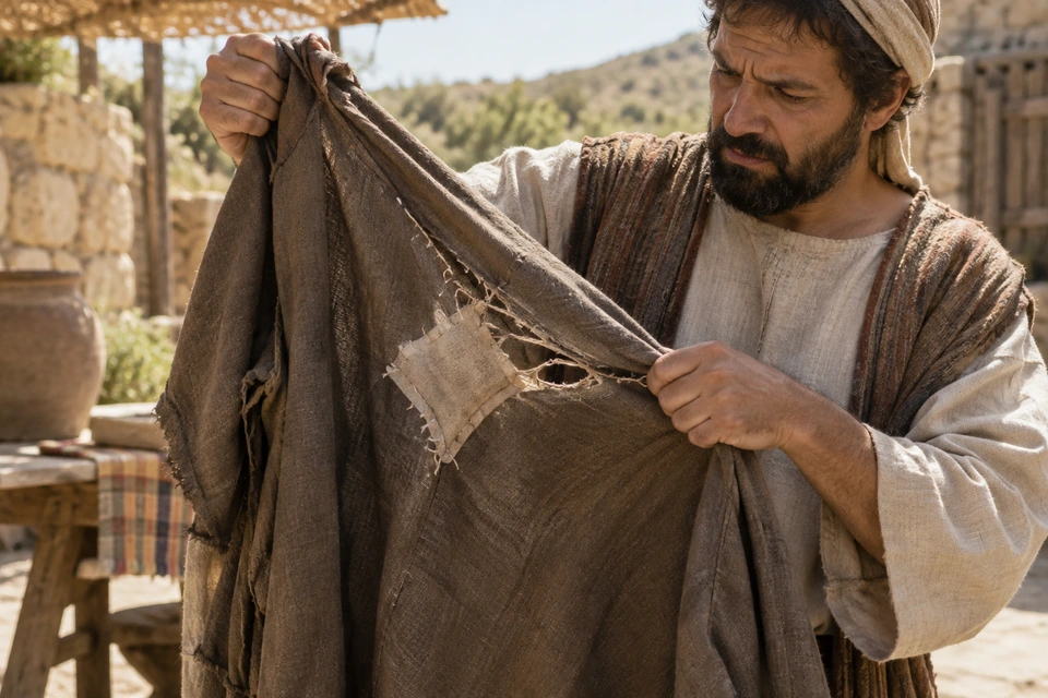 A man lifts a dark garment whose cloth has torn away around a small pale stitched patch.
