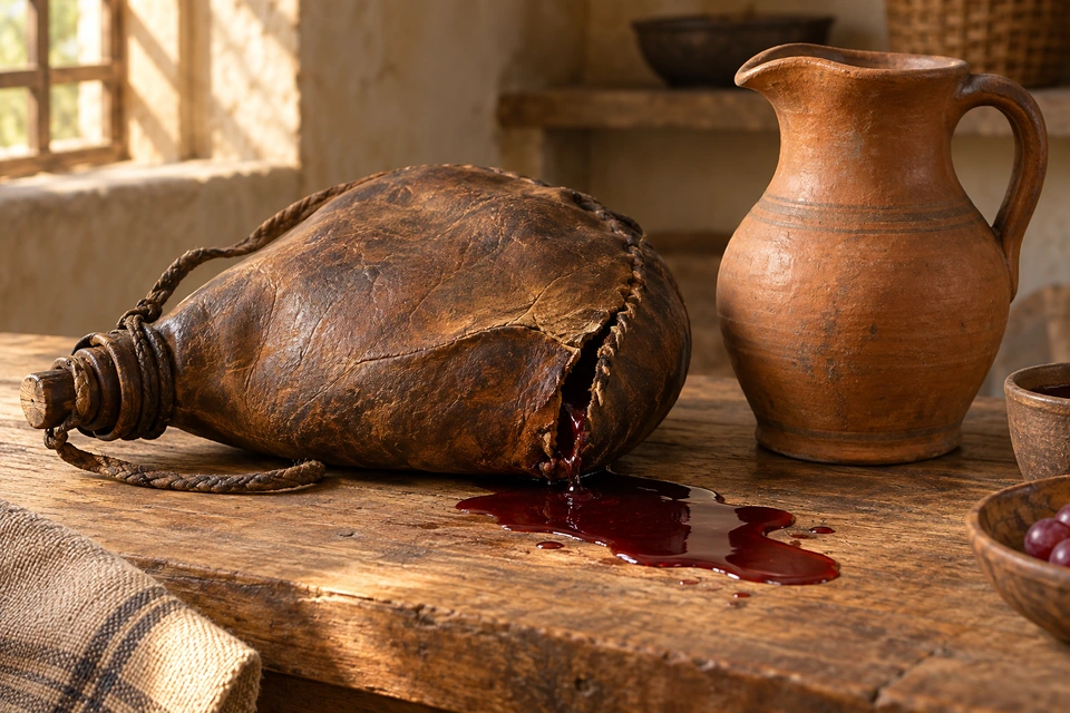 Red wine leaks through a split seam in an old leather wineskin beside a clay jug.