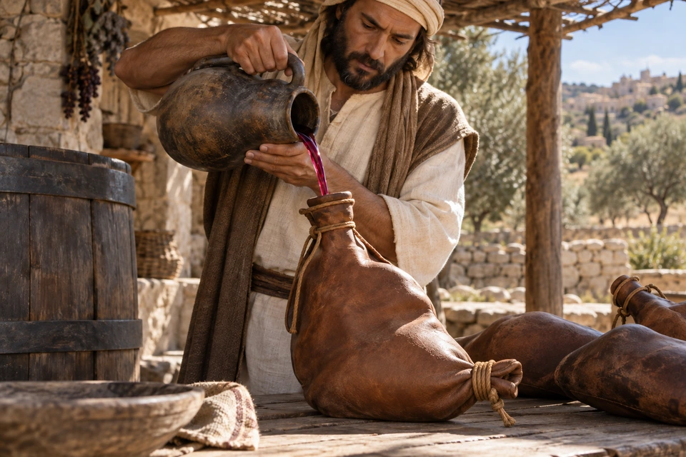 A man pours red wine from a clay jug into a leather wineskin whose lower neck is folded and tied shut.