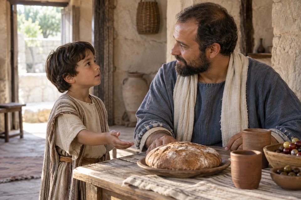 A child extends an open hand beside a loaf of bread on a table while a bearded father in blue meets the child's gaze.