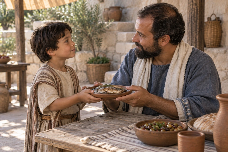 The same father and child hold a plate bearing a cooked fish between them while looking into each other's eyes.