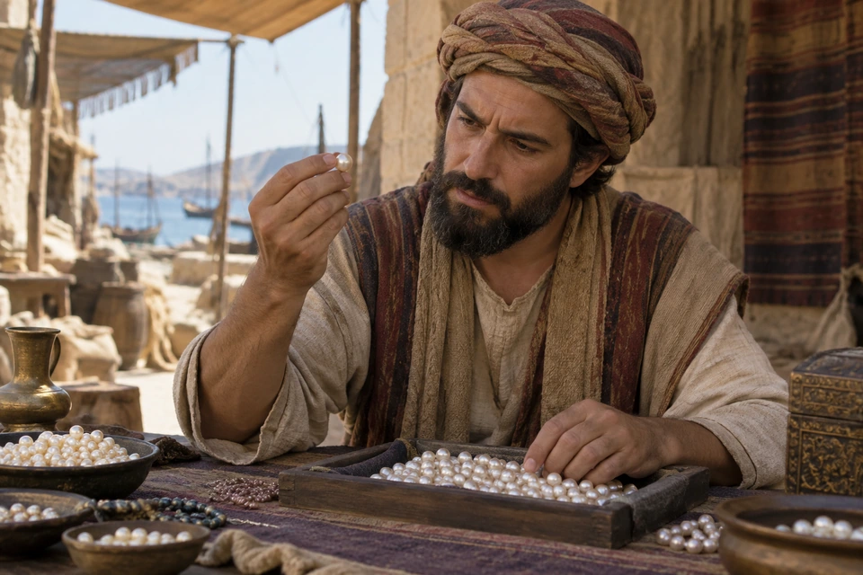 A merchant studies a pearl held between his fingers beside trays and bowls of pearls.