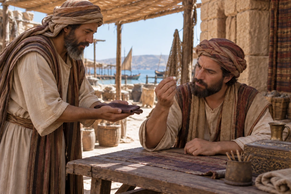 A seated merchant examines a single pearl between his fingers while a seller holds an empty folded cloth.