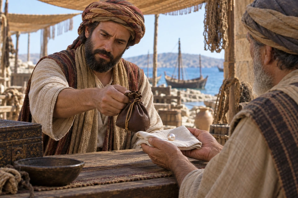 A merchant offers a small leather pouch toward a seller holding one pearl on folded cloth.