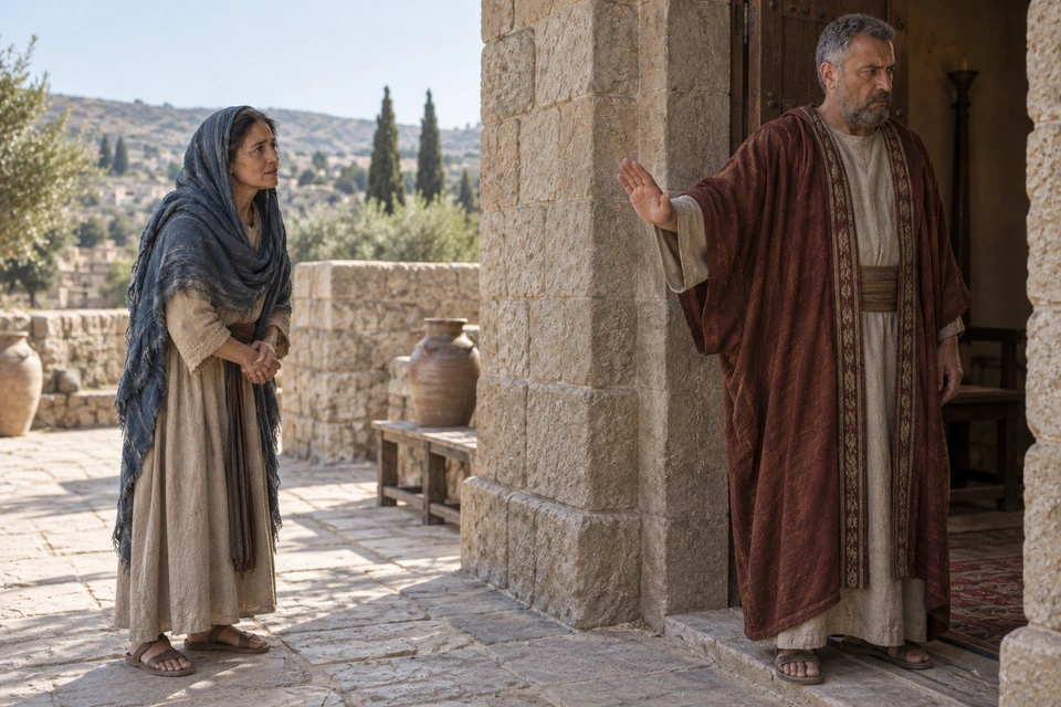 The same widow stands with clasped hands outside a doorway while the judge turns away with one palm raised toward her.