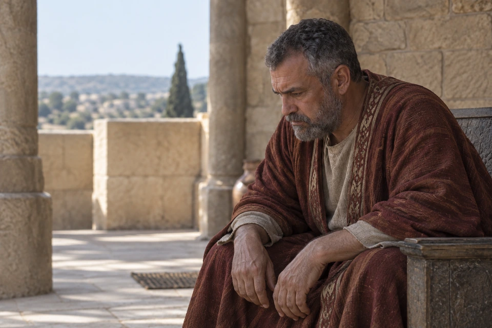 The judge sits alone leaning forward, looking down with both hands resting near his knees.