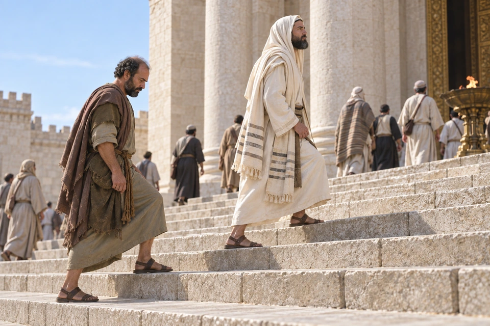Two men climb stone steps toward a temple entrance: one in a light hooded robe ahead, and a balding man in muted olive and brown behind him.