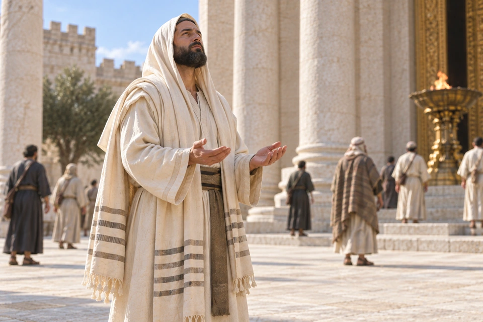 The man in the light hooded robe stands with both palms raised and looks upward in the temple court.