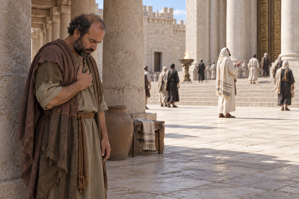 The balding man stands apart beside a column with his head bowed and one hand against his chest, while the light-robed man prays farther away.