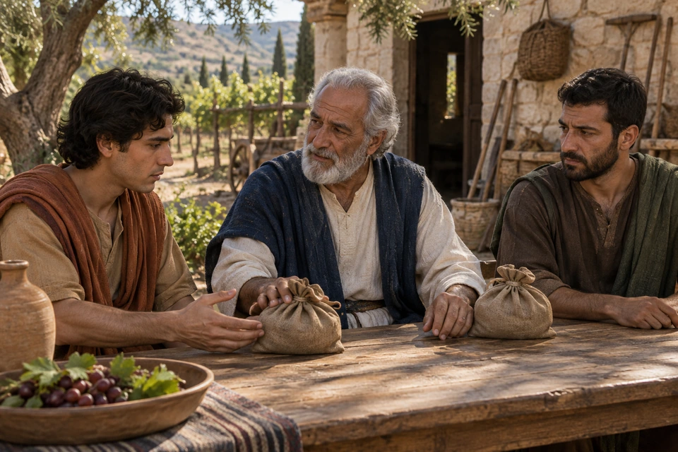 A gray-haired father sits between his two sons at a wooden table, resting a hand on one of two tied bags as the younger son extends his hand toward it.