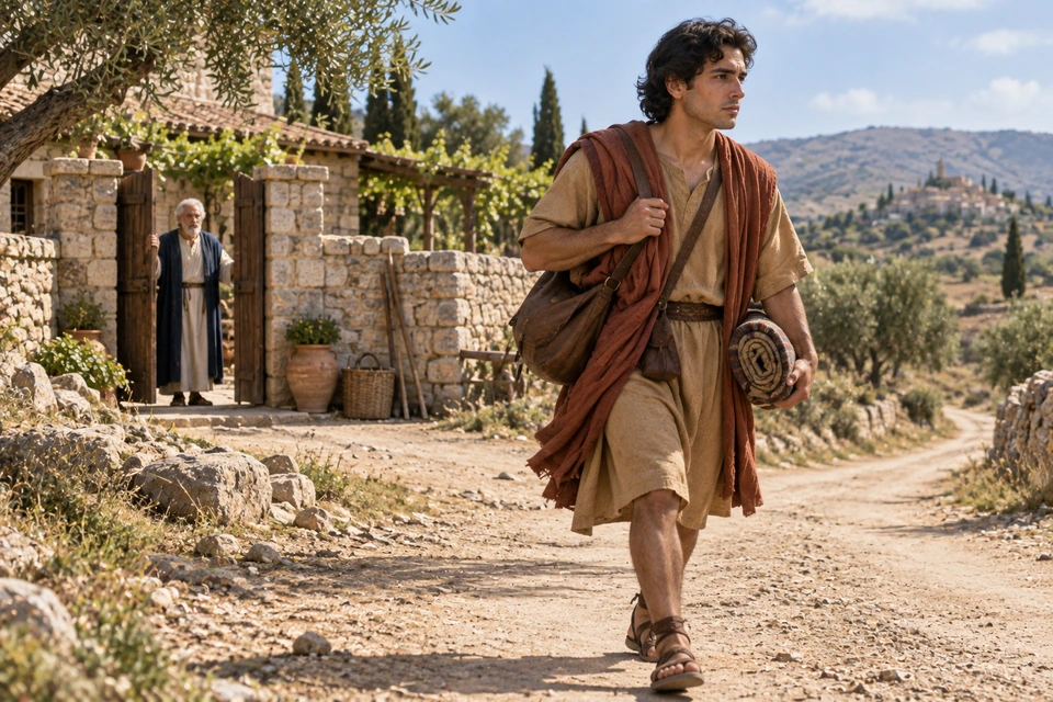 The younger son walks along a dirt road carrying a shoulder bag and rolled blanket while his father stands at the open gate behind him.