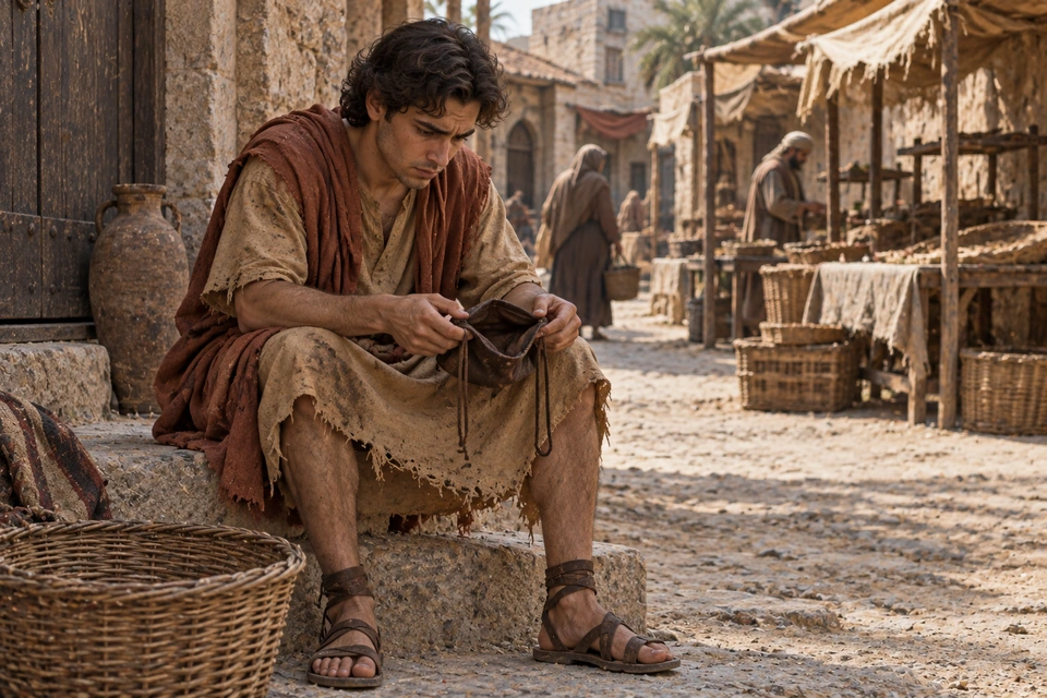 The younger son sits on stone steps in worn clothing, looking into an open empty pouch beside sparse market stalls.