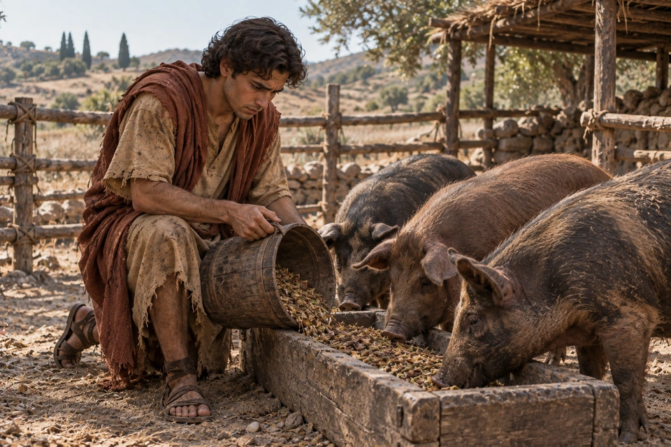 The young man in a torn tan tunic and rust-colored wrap tips a wooden bucket into a trough as several pigs eat beside him.