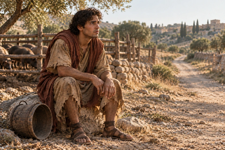 The young man sits beside the pig enclosure with his hands resting near his knees, looking beyond the fence; an empty wooden bucket lies beside him.