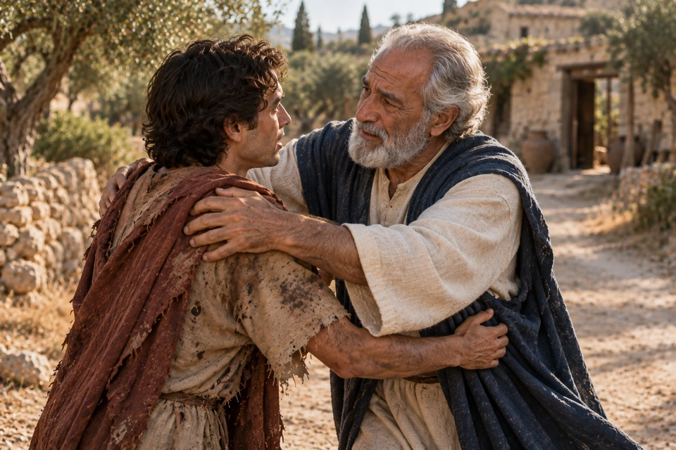 The gray-haired father holds his returning son by the shoulders while the young man reaches around his side, and they look into one another's faces.