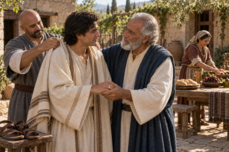 The father holds his younger son's ringed hand as a servant arranges a fine light robe around his shoulders; sandals rest on a stool and food is being prepared behind them.