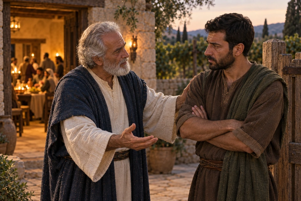 Outside the lit gathering, the father rests a hand on his elder son's shoulder and holds his other palm open while the son stands with folded arms and meets his gaze.
