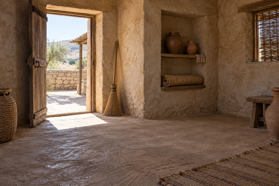 An unoccupied earthen-walled room has a clear floor, a broom beside the open doorway, and jars and a rolled mat arranged on shelves.