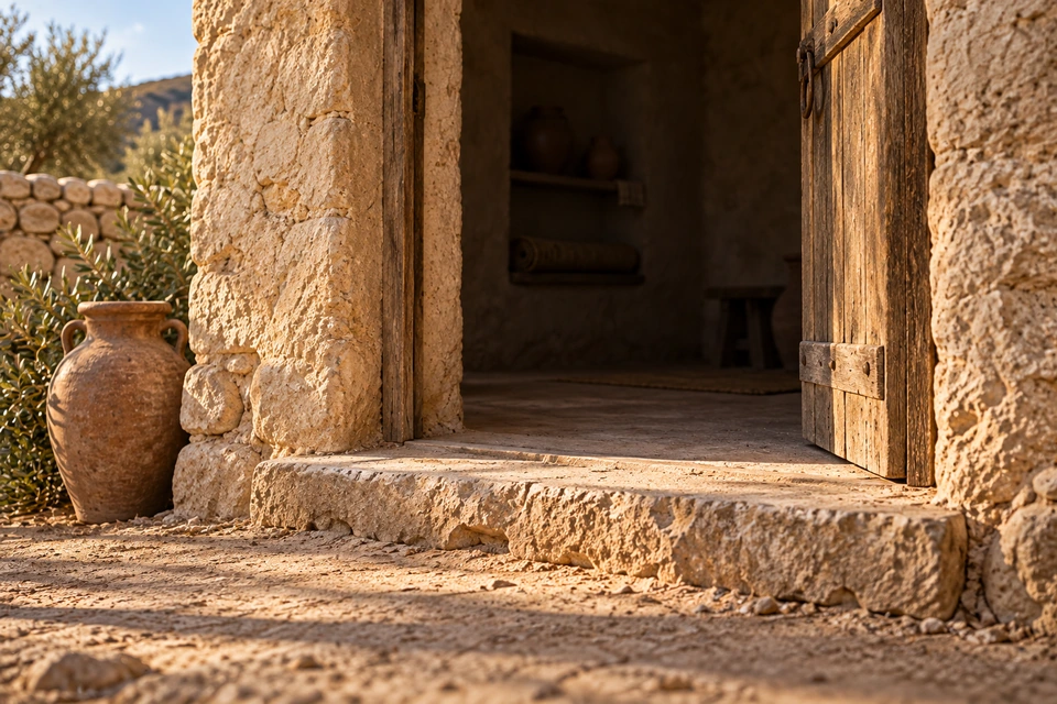 Sunlight falls across an open wooden doorway and stone threshold, with a dim unoccupied room beyond.