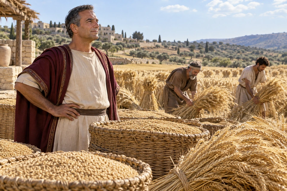 A gray-haired man in a burgundy mantle stands beside baskets heaped with grain while two workers gather sheaves behind him.