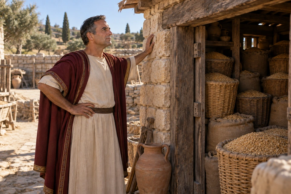 The same man rests one hand against a stone storehouse wall beside an open doorway crowded with baskets and sacks of grain.