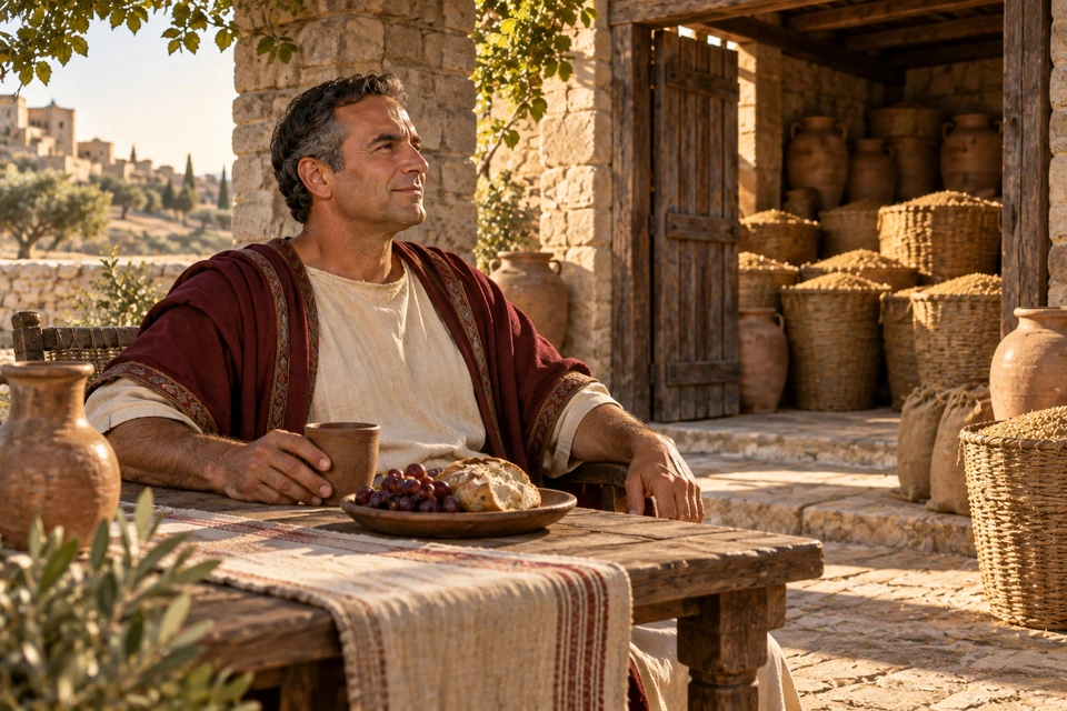 The same man sits at a wooden table holding a clay cup, with bread and grapes before him and baskets of grain in the open storehouse behind.