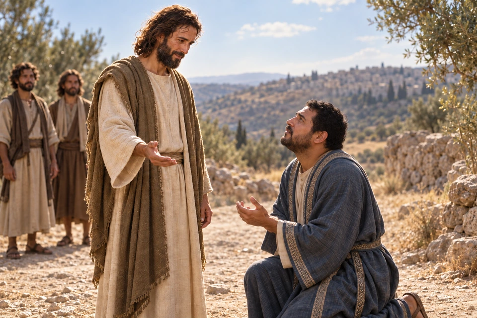 A man in a blue robe kneels before Jesus, who extends an open hand toward him.